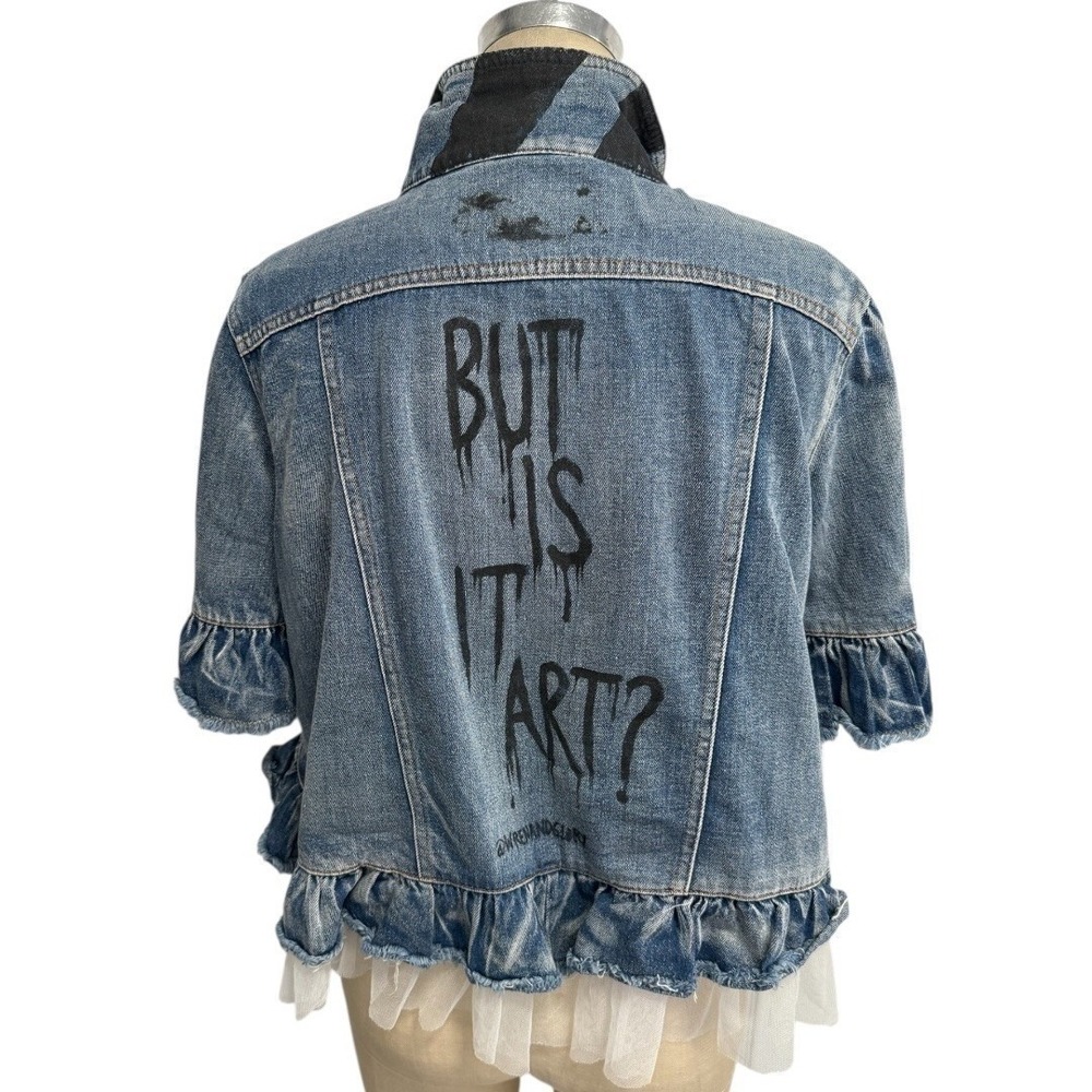 Wren + Glory Painted Denim Jacket Tulle Trim Ruffle Sleeve Art Graphic One Size - Picture 5 of 9